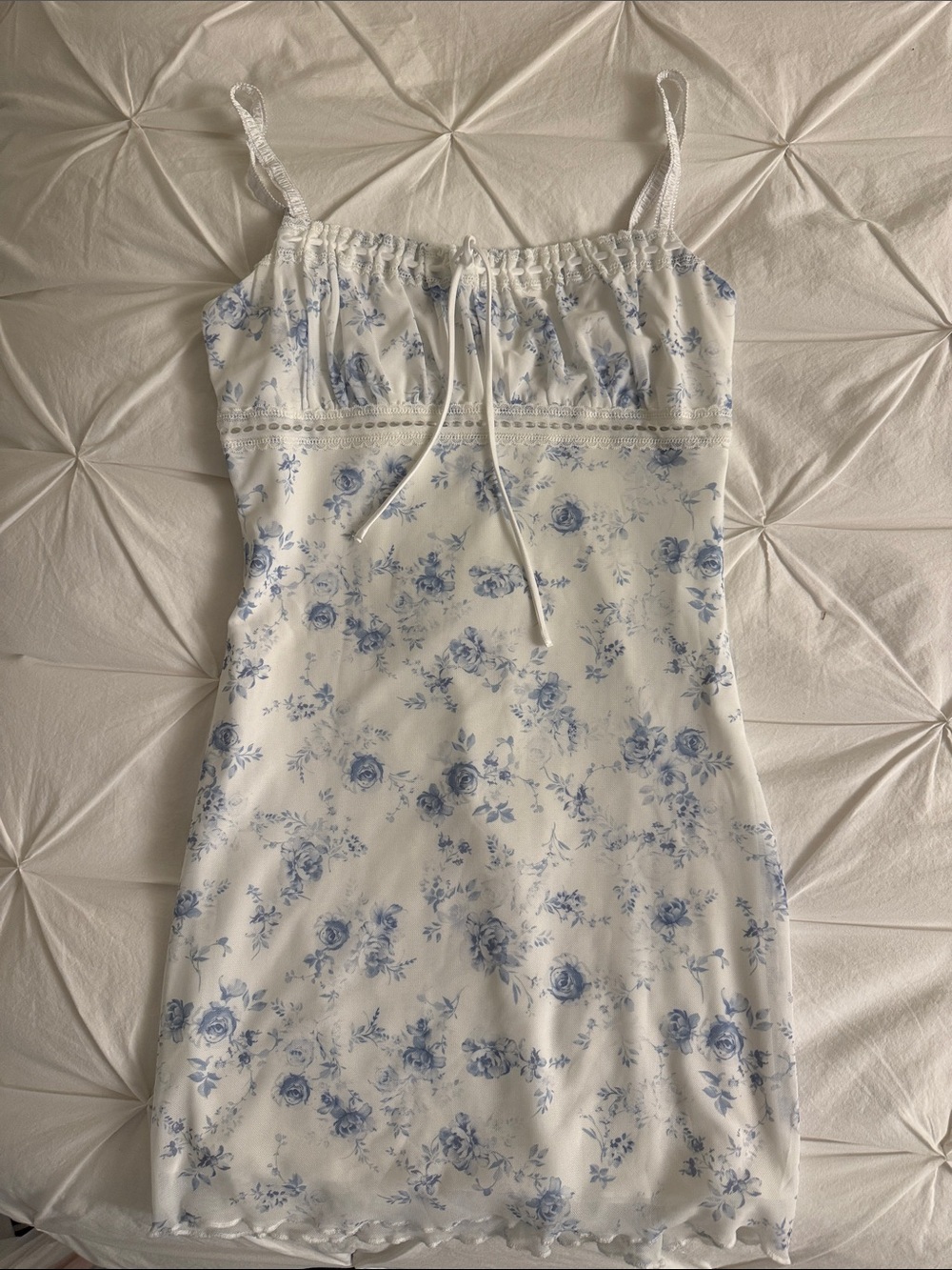 Floral Short Dress - White with Blue Floral
